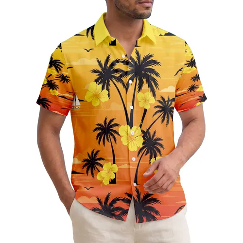 Tropical Island Sunset Palm Trees Seabirds Hibiscus Flowers - Home Decor Gift Hawaiian Shirt