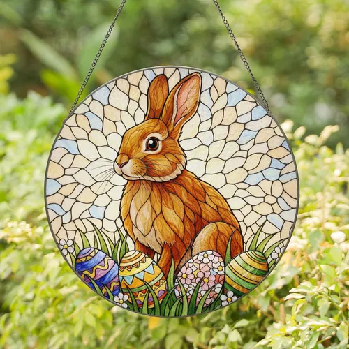 Brown Rabbit Easter Eggs Grass Flowers - Easter Holiday Gift Stained Glass Suncatcher