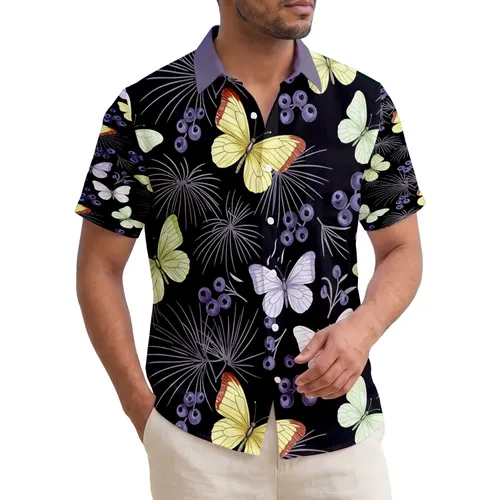 Deep Black Field Butterflies Berries Tropical Foliage - Home Decor Gift for Nature Lovers Hawaiian Shirt