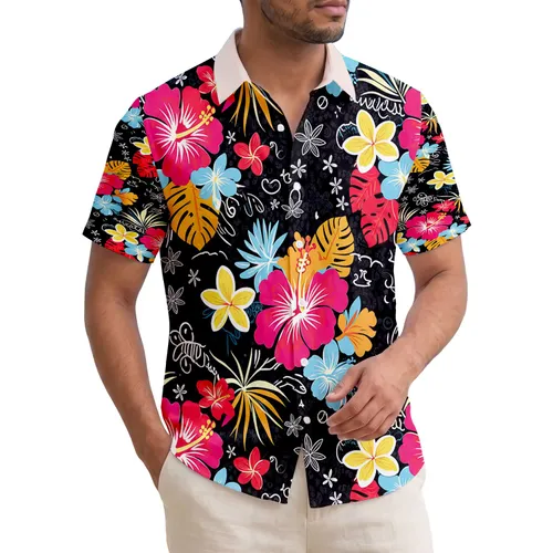 Tropical Flowers Leaves with Contrasting Centers - Island Getaway Beach Vacation Gift Hawaiian Shirt