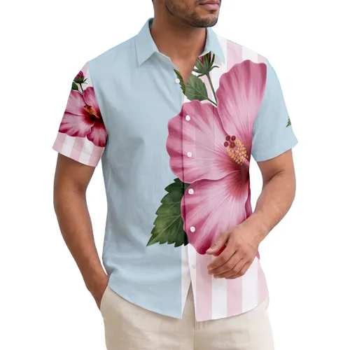 Hibiscus Flower Striped Panel Linen Texture Tropical Island Vacation Home Decor Gift Hawaiian Shirt