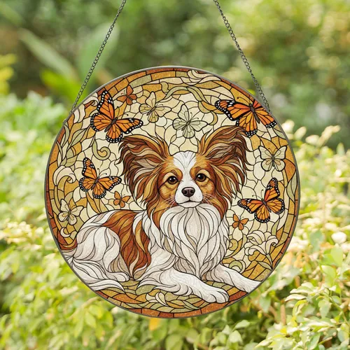 Papillon Dog Butterflies Floral - Home Decor Gift for Dog Lover Stained Glass Suncatcher