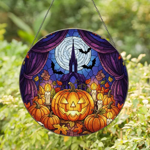 Glowing Jack-o'-lantern Pumpkins Gothic Church Bats - Halloween Party Decor Stained Glass Suncatcher