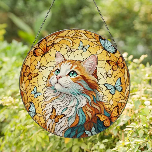 Fluffy Cat Butterflies Home Decor Gift for Cat Lover Stained Glass Suncatcher