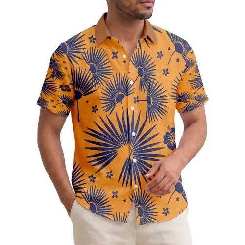 Dense All-Over Segmented Tropical Fan Palm Fronds Orange Blue - Home Decor Gift Hawaiian Shirt