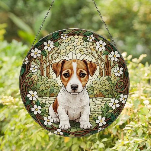 Jack Russell Puppy Green Foliage Daisy Flowers - Home Decor Gift for Dog Lovers Stained Glass Suncatcher