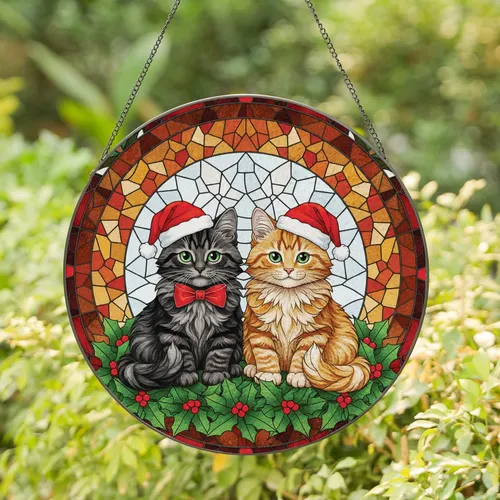 Kittens Santa Hats Holly Berries - Christmas Gift for Cat Lover Stained Glass Suncatcher