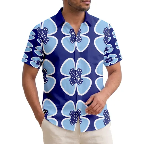 Sky Blue White Four Petal Hibiscus Flowers Deep Navy Blue - Home Decor Gift Hawaiian Shirt