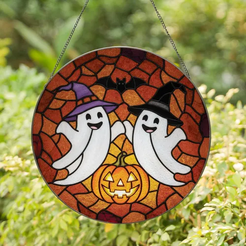 Ghosts Witch Hats Jack-o'-lantern Bat Autumn Fall Scene - Halloween Party Decor Gift Stained Glass Suncatcher