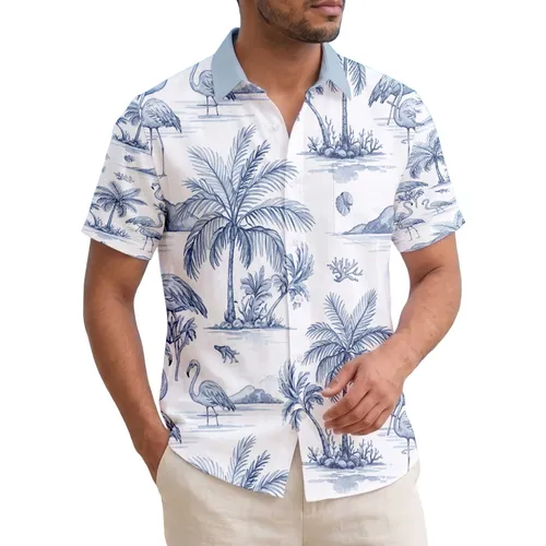 Wading Flamingo Palm Trees Island Landscape - Tropical Coastal Home Decor Gift Hawaiian Shirt