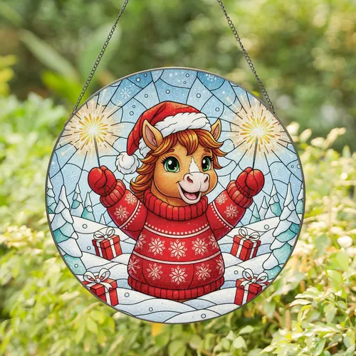 Winter Wonderland Baby Horse Santa Hat Sparklers - Holiday Home Decor for Horse Lover Stained Glass Suncatcher