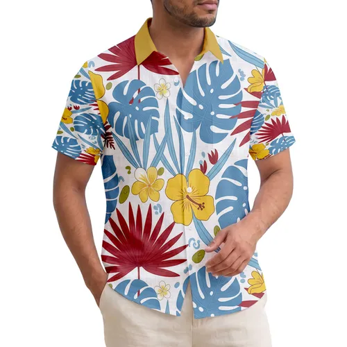 Blue Monstera Red Palmate Leaves Yellow Hibiscus Flowers - Tropical Lifestyle Decor Gift Hawaiian Shirt