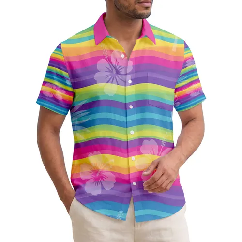 Vibrant Rainbow Stripes Palm Leaves Hibiscus Floral - Home Decor Island Life Gift Hawaiian Shirt