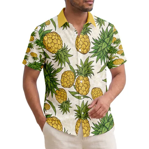 Tropical Golden Yellow Pineapples Spiky Green Leaves Beach Vacation Lifestyle Gift Hawaiian Shirt