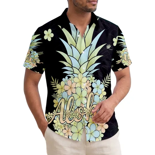 Floral Plumeria Pineapple Aloha Text with Tropical Leaves - Tropical Home Decor Gift Hawaiian Shirt