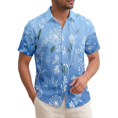 Tropical Blue Petal Dandelion Flowers White Vines Leaves - Everyday Home Living Decor Gift Hawaiian Shirt