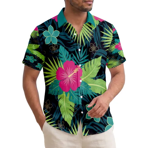 Pink Fuchsia Hibiscus Palm Black Background - Home Decor Gift Hawaiian Shirt
