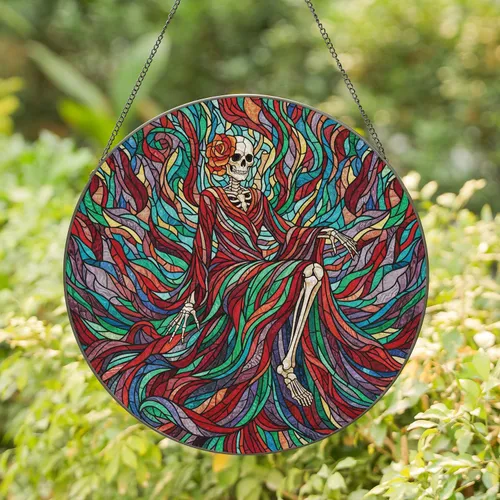 Square Skeletal Figure Rose Flowing Gown Swirling Lead Glass Pieces - Home Decor Gift Stained Glass Suncatcher