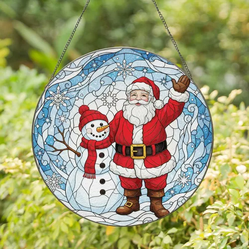 Santa Claus Snowman Snowflakes - Christmas Home Decor Gift Stained Glass Suncatcher