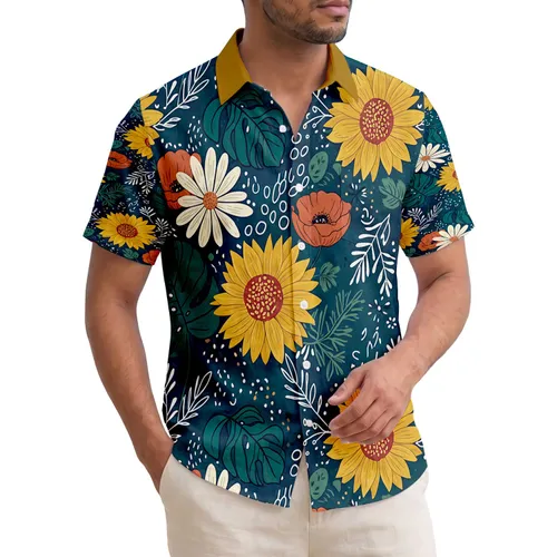 Golden Yellow Sunflowers Rust Poppies Cream Daisies Teal Leaves - Home Decor Gift Hawaiian Shirt