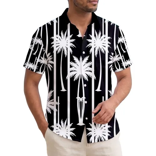 Black White Palm Trees Vertical Stripes - Tropical Lifestyle Home Decor Gift Hawaiian Shirt