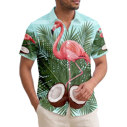 Tropical Pink Flamingo Split Coconuts Palm Fronds - Hawaiian Home Decor Gift Hawaiian Shirt