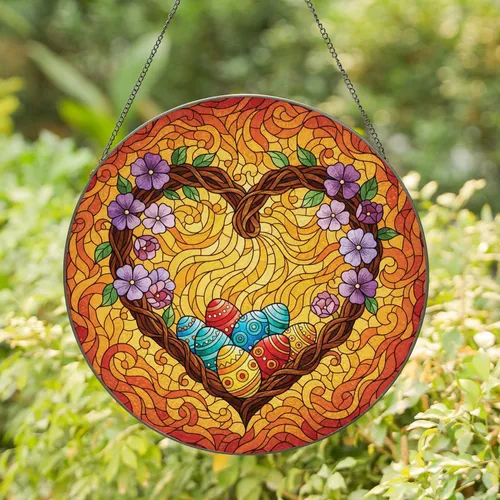Heart Wreath Easter Eggs Delicate Spring Flowers Swirling Lines - Easter Home Decor Gift Stained Glass Suncatcher