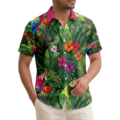 Lush Macaw Parrots Tropical Hibiscus Bromeliads Palm Fronds Branches - Wildlife Lover Gift Hawaiian Shirt