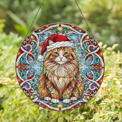 Fluffy Cat Santa Hat Christmas Lights Snowflakes - Christmas Gift for Cat Lover Stained Glass Suncatcher