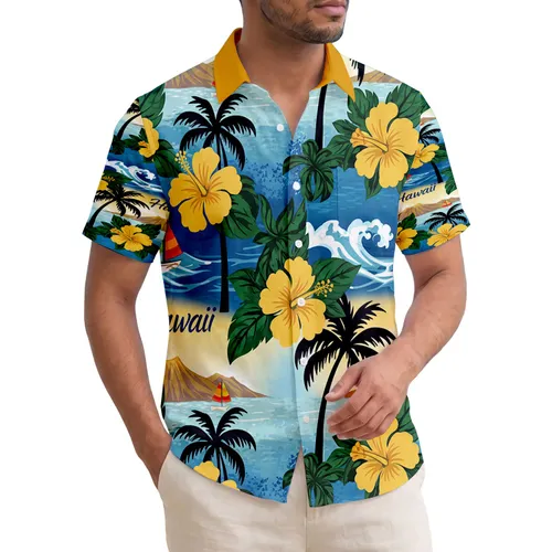 Hawaii Palm Tree Hibiscus Ocean Waves Sailboats - Tropical Vacation Gift Hawaiian Shirt