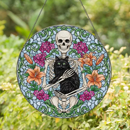Black Cat Skeleton Lilies Mosaic - Home Decor Gift for Cat Lover Stained Glass Suncatcher