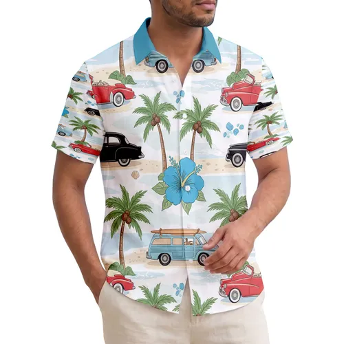 Vintage Classic Cars Surfboard Beach Palm Trees Hibiscus - Coastal Travel Essentials Hawaiian Shirt