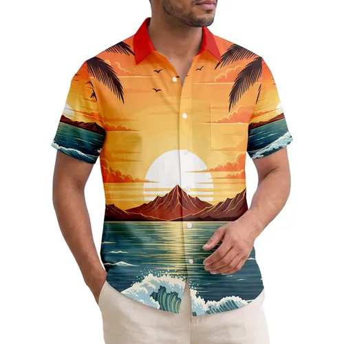Fiery Sunset Ocean Waves Silhouetted Palm Trees Birds - Tropical Lifestyle Gift for Nature Lovers Hawaiian Shirt