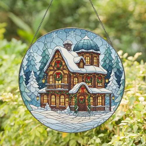 Multi-Story Snowy Winter Cottage Glowing Christmas Lights Fir Trees - Home Decor Gift Stained Glass Suncatcher