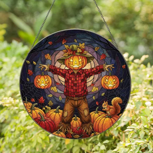 Scarecrow Jack-o'-Lantern Pumpkins Autumn Leaves - Halloween Party Decor Gift Stained Glass Suncatcher
