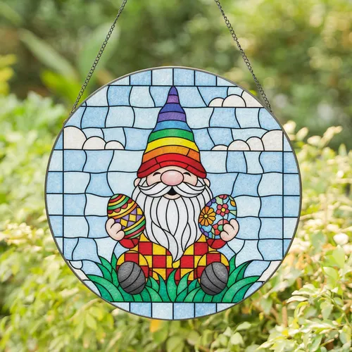 Cheerful Garden Gnome Long Beard Rainbow Hat Easter Eggs Foliage - Spring Holiday Decor Gift Stained Glass Suncatcher
