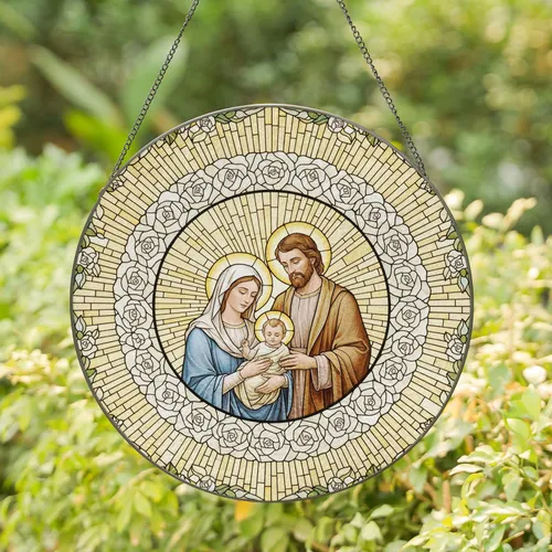 Holy Family Mary Baby Jesus Rose Light - Christian Home Decor Gift Stained Glass Suncatcher