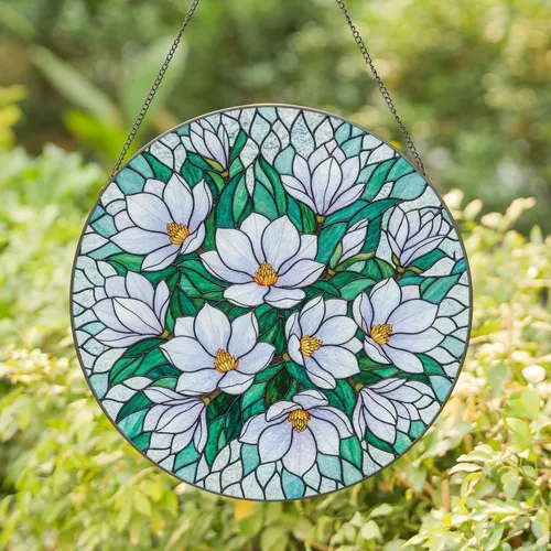 Iridescent Multi-Petaled Blooming Flowers Emerald Teal Leaves - Home Decor Gift Stained Glass Suncatcher