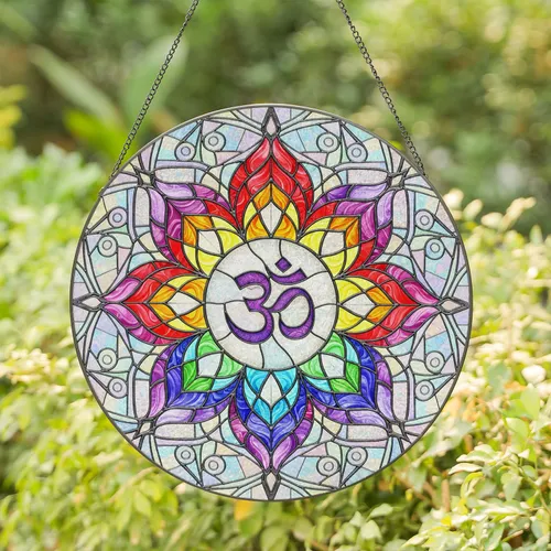 Om Symbol Chakra Petals Mosaic Swirls - Yoga Meditation Studio Home Decor Gift Stained Glass Suncatcher