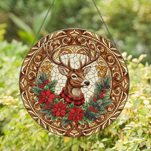 Majestic Deer Bust Antlers Plaid Scarf Christmas Poinsettia Holly - Festive Home Decor Gift Stained Glass Suncatcher