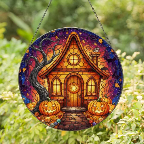 Halloween Gingerbread House Jack-o'-lantern Scene - Spooky Home Decor Gift Stained Glass Suncatcher