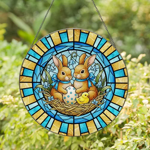 Brown Bunnies Blue Bows Chick Easter Egg Rustic Nest Lily Flowers - Easter Holiday Home Decor Stained Glass Suncatcher