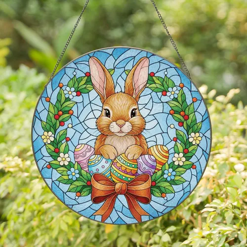 Easter Rabbit Easter Eggs Wreath Ribbon Bow - Easter Holiday Gift for Families Stained Glass Suncatcher
