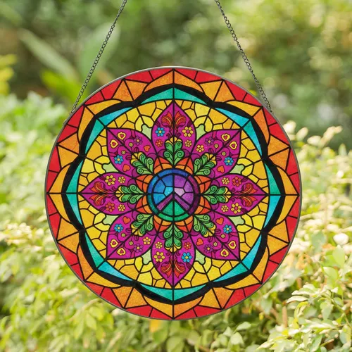 Peace Sign Eight-Petal Flower Folk Art Stained Glass Mosaic - Home Decor Gift Stained Glass Suncatcher
