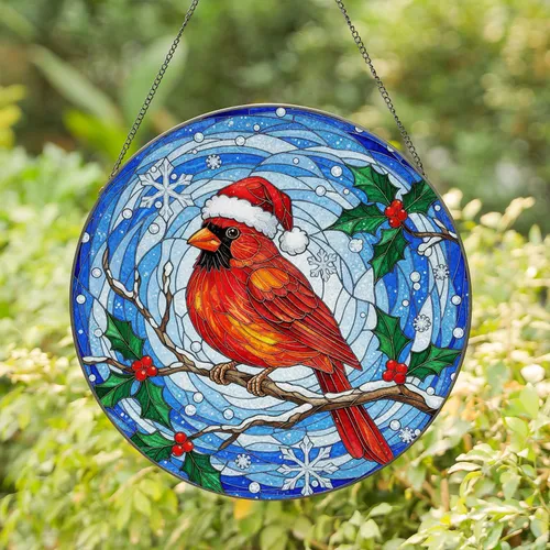 Cardinal Santa Hat Winter Branch Holly Snowflakes - Christmas Bird Lover Gift Stained Glass Suncatcher