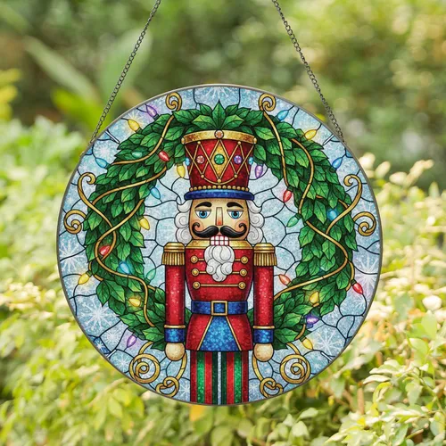 Nutcracker Soldier Christmas Wreath Winter Foliage Snowflakes - Christmas Gift Stained Glass Suncatcher