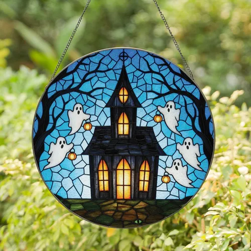 Haunted House Ghosts Stained Glass - Halloween Party Home Decor Gift Stained Glass Suncatcher