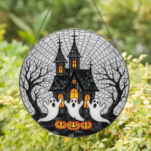 Gothic Haunted House Ghosts Jack-o'-lanterns - Halloween Party Home Decor Gift Stained Glass Suncatcher
