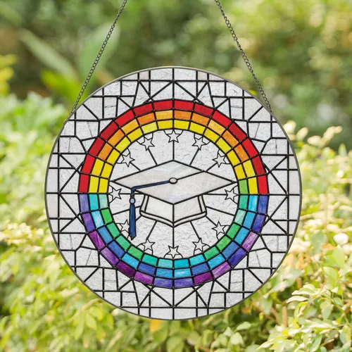 Graduation Cap Dark Blue Tassel Rainbow Stars Circular Border - Graduation Gift for Student Stained Glass Suncatcher