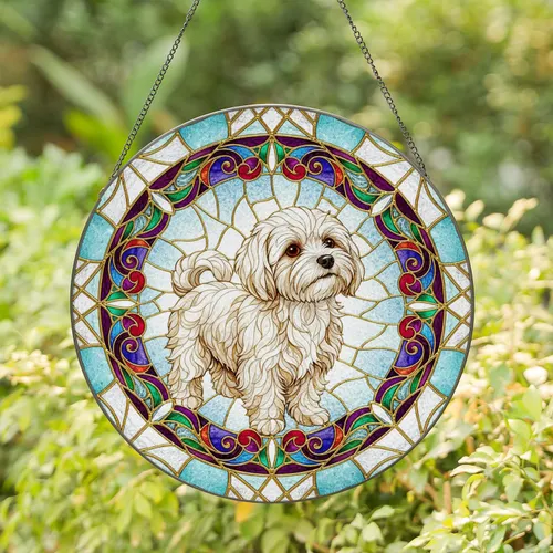 Maltese Dog Brown Eyes Tilting Head Floral Frame - Home Decor Gift for Dog Lover Stained Glass Suncatcher